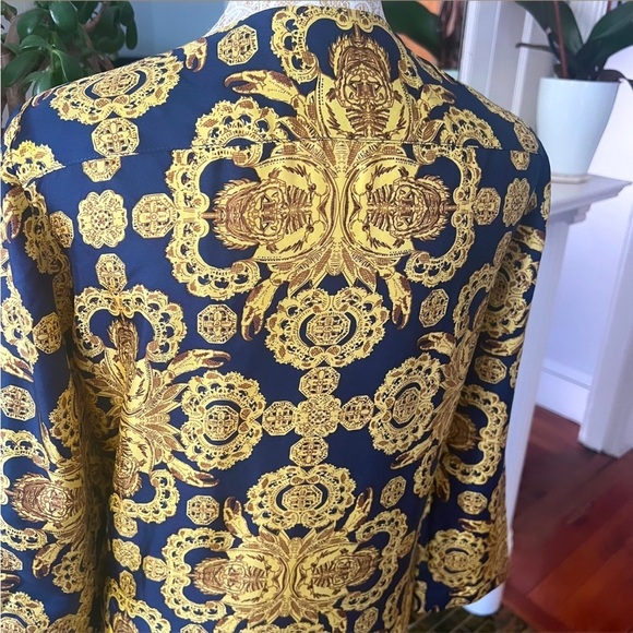 VINTAGE TIBI 100% Silk Blue & Gold Medallion Print Button Up Shift Dress Size 4 - Picture 11 of 15